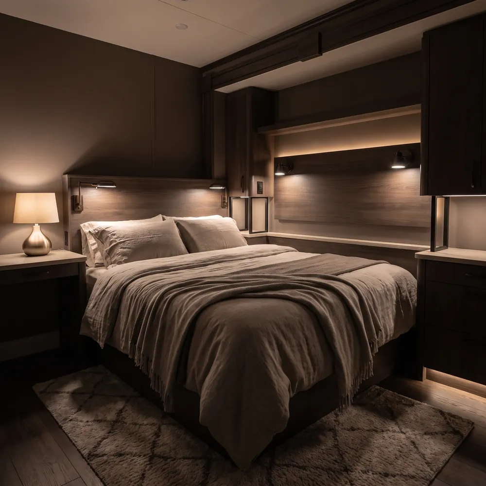 Motorhome bedroom in dark, warm tones with indirect lighting
