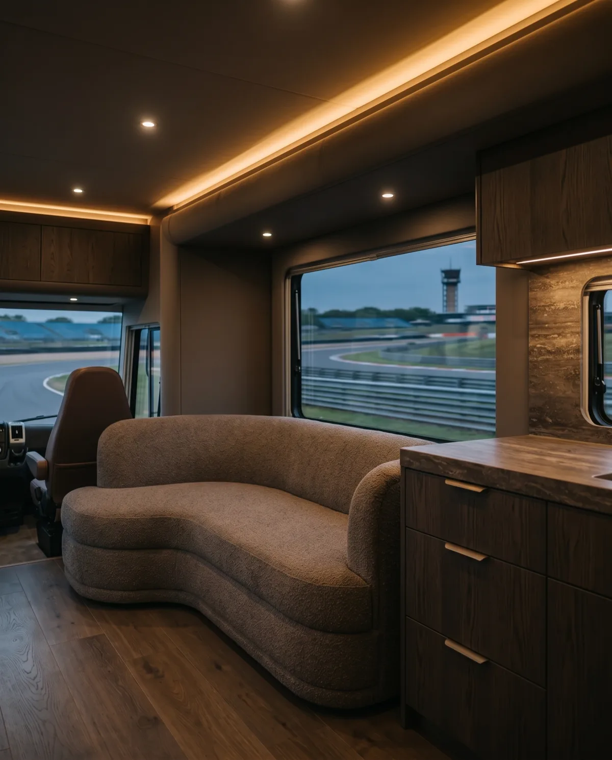 Motorhome lounge in dark, warm tones with a curved bouclé sofa, smoked oak and a view of the circuit