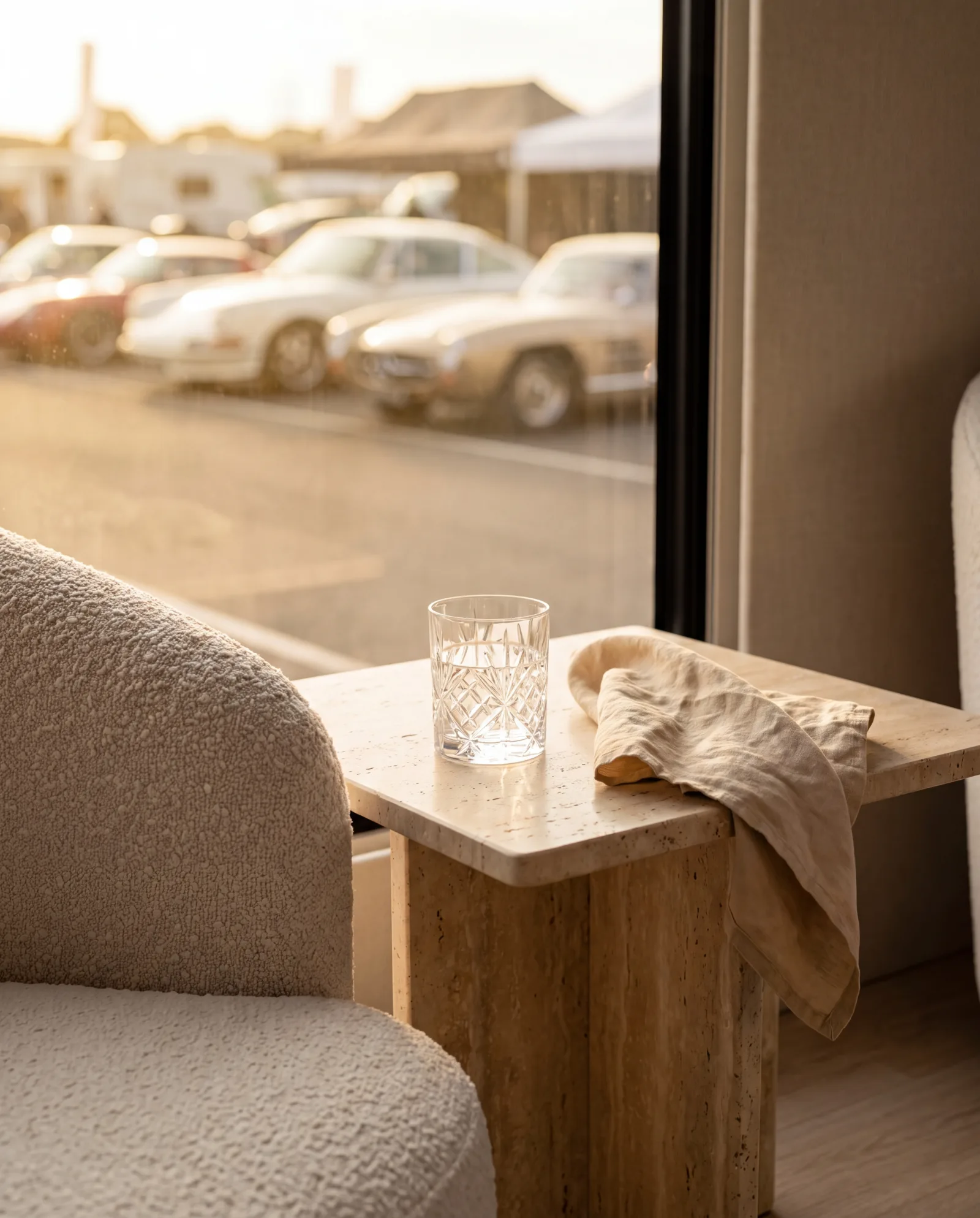 Crystal glass and linen napkin on a travertine side table beside a bouclé armchair, with the paddock outside the window